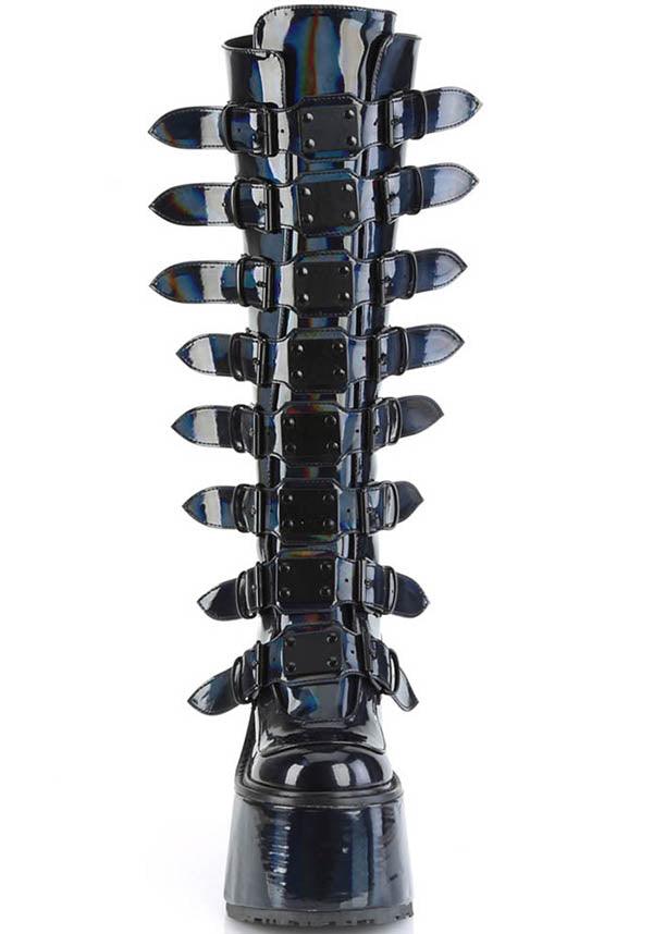 SWING-815 [Black Holographic Patent] | PLATFORM BOOTS [PREORDER] - Beserk - all, all ladies, black, boots, boots [preorder], clickfrenzy15-2023, demonia, demonia shoes, discountapp, fp, goth, gothic, holo, holographic, knee high boots, labelpreorder, labelvegan, ladies, long boots, platform boots, platforms, platforms [preorder], ppo, preorder, shoes, vegan