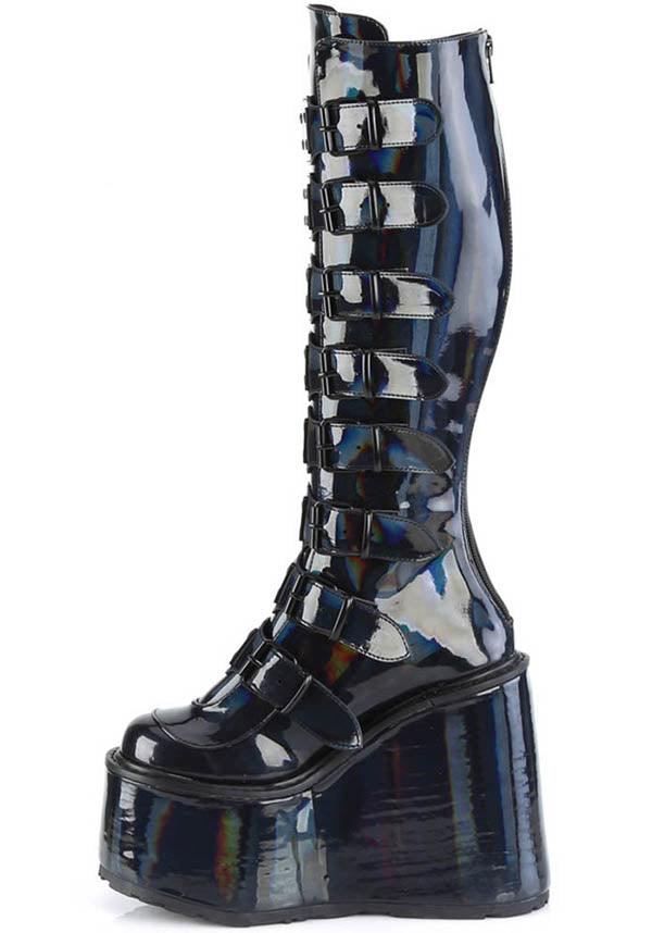 Demonia SWING-815 Black Holographic Patent Platform Boots