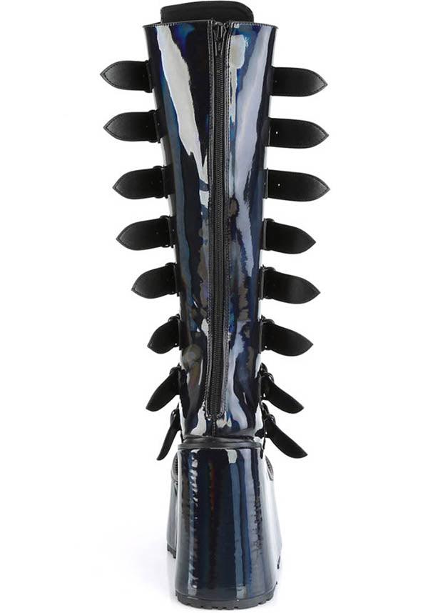 SWING-815 [Black Holographic Patent] | PLATFORM BOOTS [PREORDER] - Beserk - all, all ladies, black, boots, boots [preorder], clickfrenzy15-2023, demonia, demonia shoes, discountapp, fp, goth, gothic, holo, holographic, knee high boots, labelpreorder, labelvegan, ladies, long boots, platform boots, platforms, platforms [preorder], ppo, preorder, shoes, vegan