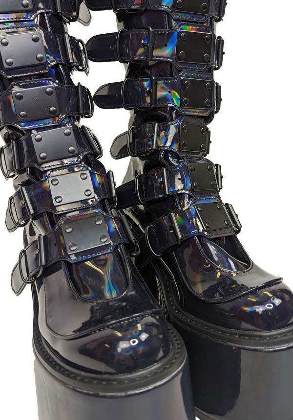 Demonia SWING-815 Black Holographic Patent Platform Boots