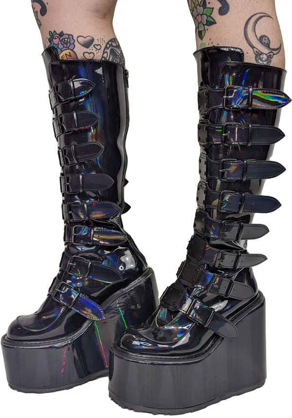 SWING-815 [Black Holographic Patent] | PLATFORM BOOTS [PREORDER] - Beserk - all, all ladies, black, boots, boots [preorder], clickfrenzy15-2023, demonia, demonia shoes, discountapp, fp, goth, gothic, holo, holographic, knee high boots, labelpreorder, labelvegan, ladies, long boots, platform boots, platforms, platforms [preorder], ppo, preorder, shoes, vegan