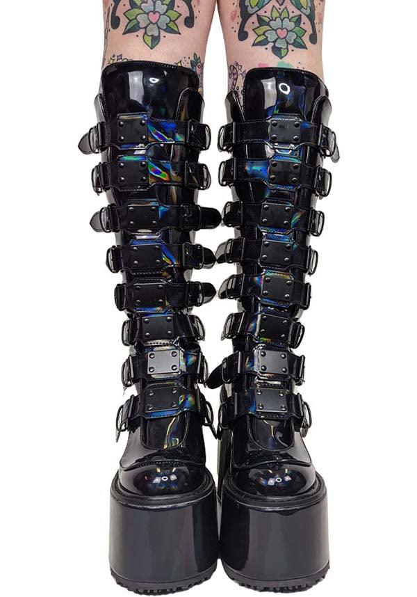SWING-815 [Black Holographic Patent] | PLATFORM BOOTS [PREORDER] - Beserk - all, all ladies, black, boots, boots [preorder], clickfrenzy15-2023, demonia, demonia shoes, discountapp, fp, goth, gothic, holo, holographic, knee high boots, labelpreorder, labelvegan, ladies, long boots, platform boots, platforms, platforms [preorder], ppo, preorder, shoes, vegan