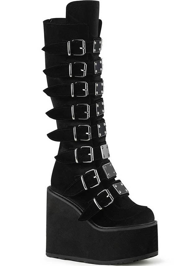 SWING-815 [Black Velvet] | PLATFORM BOOTS [PREORDER] - Beserk - all, all ladies, black, boots, boots [preorder], buckles, clickfrenzy15-2023, demonia, demonia shoes, discountapp, fp, goth, gothic, labelpreorder, labelvegan, ladies, platforms, platforms [preorder], ppo, preorder, shoes, vegan