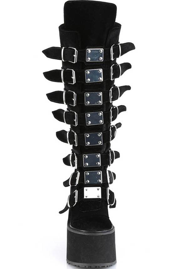 SWING-815 [Black Velvet] | PLATFORM BOOTS [PREORDER] - Beserk - all, all ladies, black, boots, boots [preorder], buckles, clickfrenzy15-2023, demonia, demonia shoes, discountapp, fp, goth, gothic, labelpreorder, labelvegan, ladies, platforms, platforms [preorder], ppo, preorder, shoes, vegan