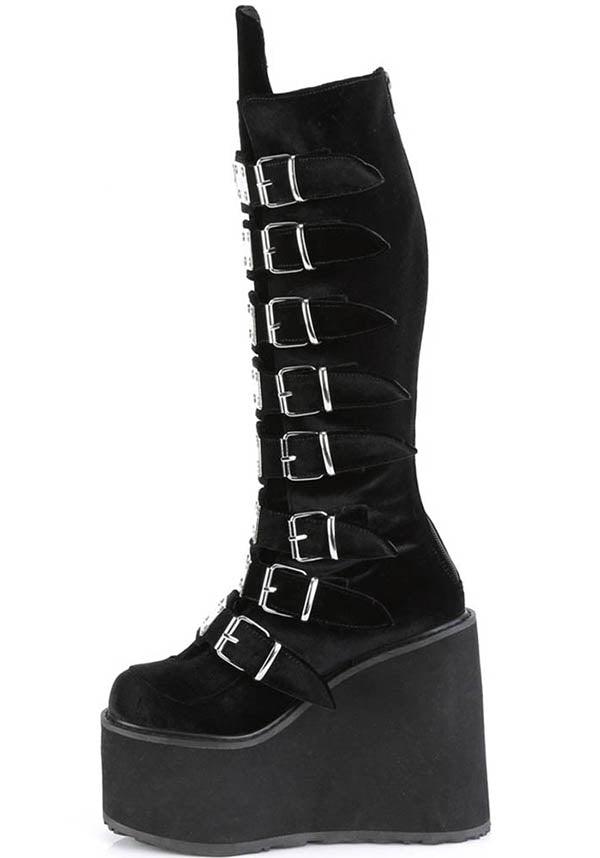 SWING-815 [Black Velvet] | PLATFORM BOOTS [PREORDER] - Beserk - all, all ladies, black, boots, boots [preorder], buckles, clickfrenzy15-2023, demonia, demonia shoes, discountapp, fp, goth, gothic, labelpreorder, labelvegan, ladies, platforms, platforms [preorder], ppo, preorder, shoes, vegan