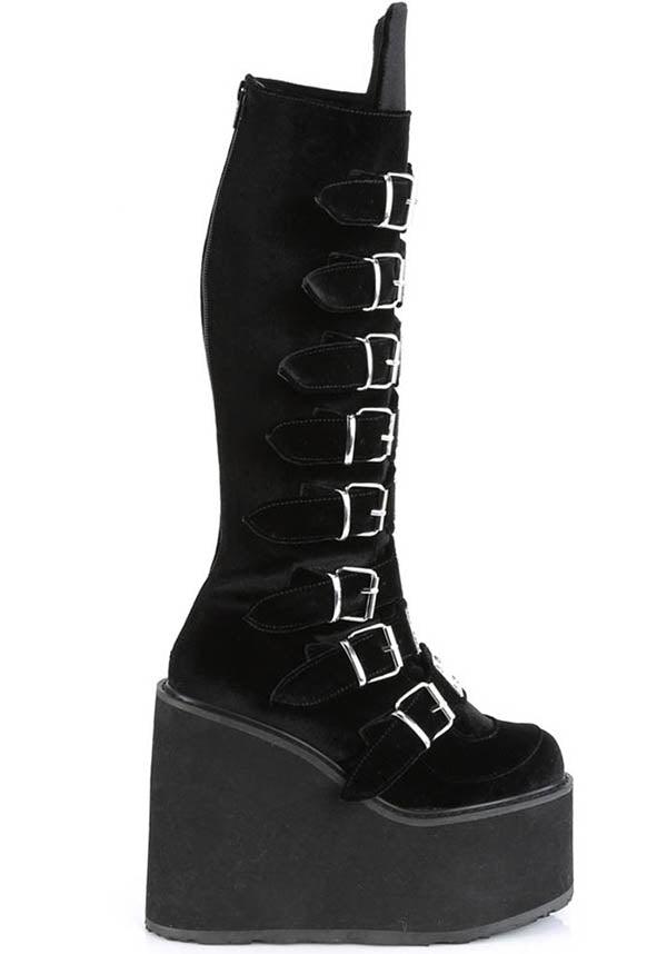 SWING-815 [Black Velvet] | PLATFORM BOOTS [PREORDER] - Beserk - all, all ladies, black, boots, boots [preorder], buckles, clickfrenzy15-2023, demonia, demonia shoes, discountapp, fp, goth, gothic, labelpreorder, labelvegan, ladies, platforms, platforms [preorder], ppo, preorder, shoes, vegan