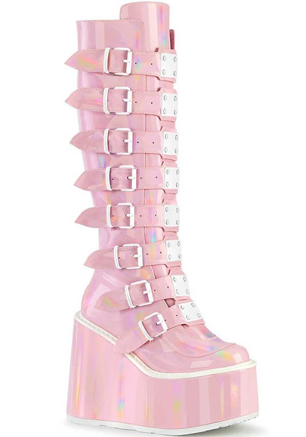 SWING-815 [Baby Pink Holo] | PLATFORM BOOTS [PREORDER] - Beserk - all, all ladies, boots, boots [preorder], buckle, buckles, clickfrenzy15-2023, demonia, demonia shoes, discountapp, fp, knee high boots, labelpreorder, labelvegan, ladies, long boots, pastel goth, pink, platform, platform boots, platforms, platforms [preorder], ppo, preorder, shoes, vegan