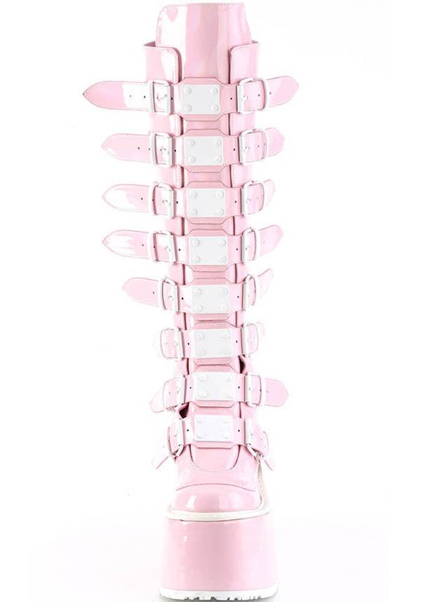SWING-815 [Baby Pink Holo] | PLATFORM BOOTS [PREORDER] - Beserk - all, all ladies, boots, boots [preorder], buckle, buckles, clickfrenzy15-2023, demonia, demonia shoes, discountapp, fp, knee high boots, labelpreorder, labelvegan, ladies, long boots, pastel goth, pink, platform, platform boots, platforms, platforms [preorder], ppo, preorder, shoes, vegan
