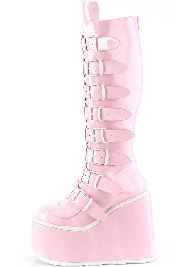 SWING-815 [Baby Pink Holo] | PLATFORM BOOTS [PREORDER] - Beserk - all, all ladies, boots, boots [preorder], buckle, buckles, clickfrenzy15-2023, demonia, demonia shoes, discountapp, fp, knee high boots, labelpreorder, labelvegan, ladies, long boots, pastel goth, pink, platform, platform boots, platforms, platforms [preorder], ppo, preorder, shoes, vegan