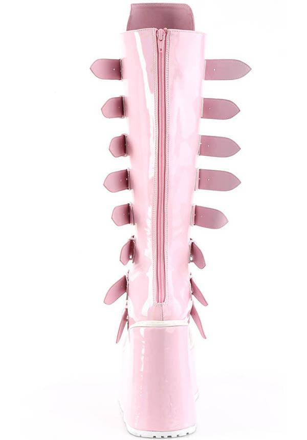 SWING-815 [Baby Pink Holo] | PLATFORM BOOTS [PREORDER] - Beserk - all, all ladies, boots, boots [preorder], buckle, buckles, clickfrenzy15-2023, demonia, demonia shoes, discountapp, fp, knee high boots, labelpreorder, labelvegan, ladies, long boots, pastel goth, pink, platform, platform boots, platforms, platforms [preorder], ppo, preorder, shoes, vegan