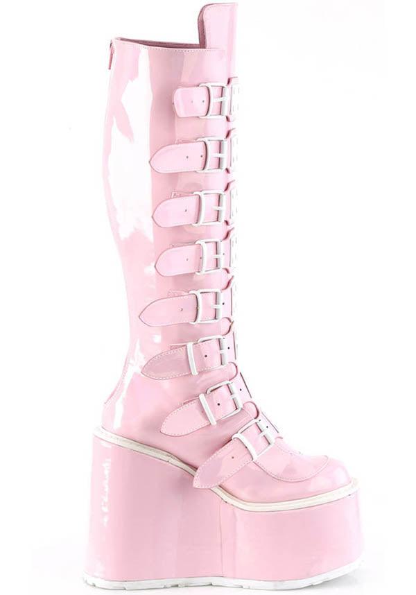SWING-815 [Baby Pink Holo] | PLATFORM BOOTS [PREORDER] - Beserk - all, all ladies, boots, boots [preorder], buckle, buckles, clickfrenzy15-2023, demonia, demonia shoes, discountapp, fp, knee high boots, labelpreorder, labelvegan, ladies, long boots, pastel goth, pink, platform, platform boots, platforms, platforms [preorder], ppo, preorder, shoes, vegan