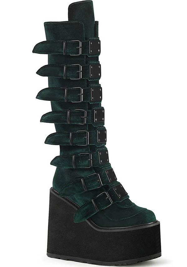 SWING-815 [Emerald Velvet] | PLATFORM BOOTS [PREORDER] - Beserk - 420sale, all, all ladies, black, boots, boots[preorder], buckles, clickfrenzy15-2023, demonia, demonia shoes, discountapp, emerald, fp, goth, gothic, green, labelpreorder, labelvegan, ladies, platforms, platforms [preorder], ppo, preorder, shoes, vegan