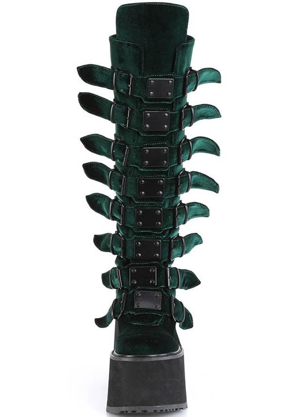 SWING-815 [Emerald Velvet] | PLATFORM BOOTS [PREORDER] - Beserk - 420sale, all, all ladies, black, boots, boots[preorder], buckles, clickfrenzy15-2023, demonia, demonia shoes, discountapp, emerald, fp, goth, gothic, green, labelpreorder, labelvegan, ladies, platforms, platforms [preorder], ppo, preorder, shoes, vegan