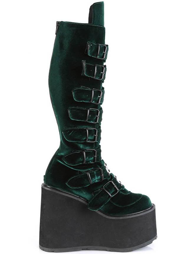 SWING-815 [Emerald Velvet] | PLATFORM BOOTS [PREORDER] - Beserk - 420sale, all, all ladies, black, boots, boots[preorder], buckles, clickfrenzy15-2023, demonia, demonia shoes, discountapp, emerald, fp, goth, gothic, green, labelpreorder, labelvegan, ladies, platforms, platforms [preorder], ppo, preorder, shoes, vegan