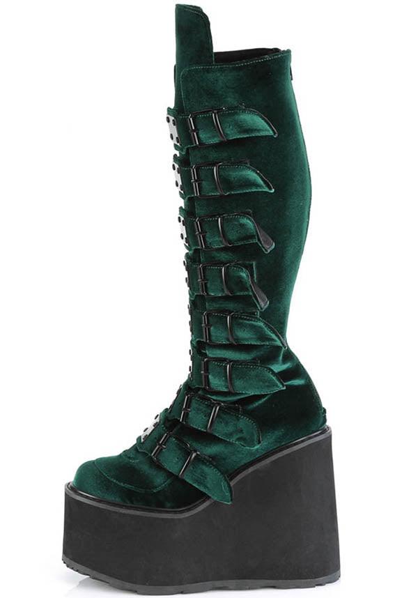 SWING-815 [Emerald Velvet] | PLATFORM BOOTS [PREORDER] - Beserk - 420sale, all, all ladies, black, boots, boots[preorder], buckles, clickfrenzy15-2023, demonia, demonia shoes, discountapp, emerald, fp, goth, gothic, green, labelpreorder, labelvegan, ladies, platforms, platforms [preorder], ppo, preorder, shoes, vegan