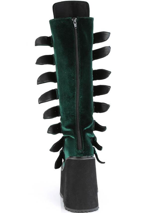 SWING-815 [Emerald Velvet] | PLATFORM BOOTS [PREORDER] - Beserk - 420sale, all, all ladies, black, boots, boots[preorder], buckles, clickfrenzy15-2023, demonia, demonia shoes, discountapp, emerald, fp, goth, gothic, green, labelpreorder, labelvegan, ladies, platforms, platforms [preorder], ppo, preorder, shoes, vegan
