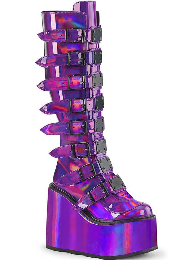 SWING-815 [Purple Pat] | PLATFORM BOOTS [PREORDER] - Beserk - all, boots, boots [preorder], clickfrenzy15-2023, demonia, demonia shoes, discountapp, fp, holo, holographic, labelpreorder, labelvegan, platform boots, platforms [preorder], ppo, preorder, purple, shoes, vegan