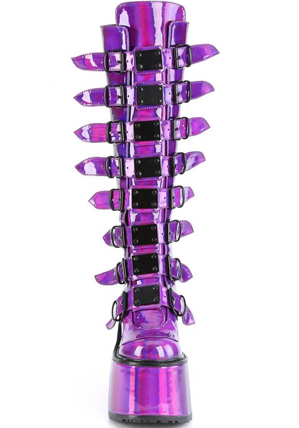 SWING-815 [Purple Pat] | PLATFORM BOOTS [PREORDER] - Beserk - all, boots, boots [preorder], clickfrenzy15-2023, demonia, demonia shoes, discountapp, fp, holo, holographic, labelpreorder, labelvegan, platform boots, platforms [preorder], ppo, preorder, purple, shoes, vegan