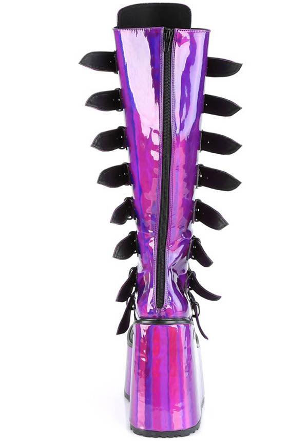 SWING-815 [Purple Pat] | PLATFORM BOOTS [PREORDER] - Beserk - all, boots, boots [preorder], clickfrenzy15-2023, demonia, demonia shoes, discountapp, fp, holo, holographic, labelpreorder, labelvegan, platform boots, platforms [preorder], ppo, preorder, purple, shoes, vegan