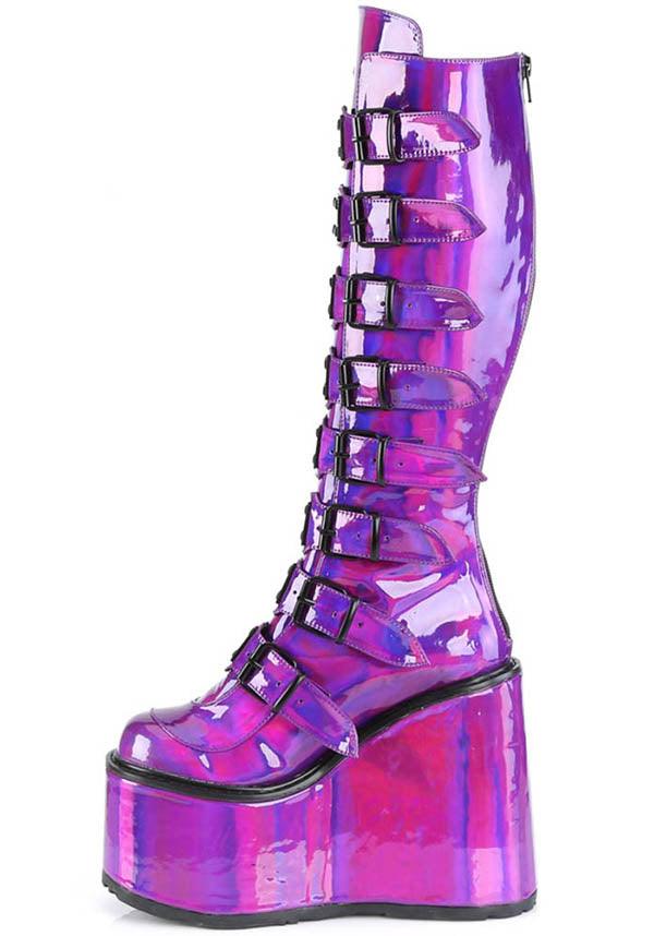 SWING-815 [Purple Pat] | PLATFORM BOOTS [PREORDER] - Beserk - all, boots, boots [preorder], clickfrenzy15-2023, demonia, demonia shoes, discountapp, fp, holo, holographic, labelpreorder, labelvegan, platform boots, platforms [preorder], ppo, preorder, purple, shoes, vegan