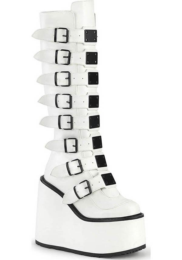 SWING-815 [White] | PLATFORM BOOTS [PREORDER] - Beserk - all, boots, boots [preorder], buckle up, buckles, clickfrenzy15-2023, discountapp, fp, knee high boots, labelpreorder, labelvegan, long boots, platform, platform boots, platforms, platforms [preorder], ppo, preorder, shoes, vegan, white