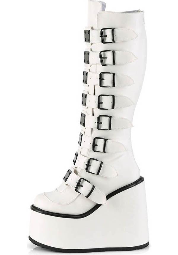 SWING-815 [White] | PLATFORM BOOTS [PREORDER] - Beserk - all, boots, boots [preorder], buckle up, buckles, clickfrenzy15-2023, discountapp, fp, knee high boots, labelpreorder, labelvegan, long boots, platform, platform boots, platforms, platforms [preorder], ppo, preorder, shoes, vegan, white