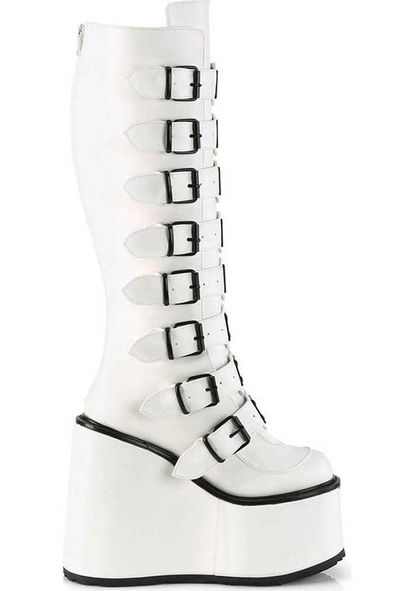 SWING-815 [White] | PLATFORM BOOTS [PREORDER] - Beserk - all, boots, boots [preorder], buckle up, buckles, clickfrenzy15-2023, discountapp, fp, knee high boots, labelpreorder, labelvegan, long boots, platform, platform boots, platforms, platforms [preorder], ppo, preorder, shoes, vegan, white
