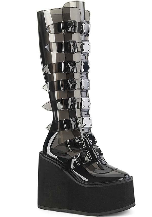 SWING-815C [Smoke TPU] | PLATFORM BOOTS [PREORDER] - Beserk - all, black, boots, boots [preorder], clickfrenzy15-2023, demonia, demonia shoes, discountapp, fp, googleshopping, goth, gothic, knee high boots, labelpreorder, labelvegan, long boots, platform boots, platforms, platforms [preorder], ppo, preorder, shoes, vegan