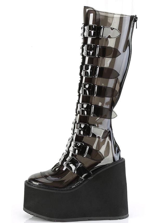 SWING-815C [Smoke TPU] | PLATFORM BOOTS [PREORDER] - Beserk - all, black, boots, boots [preorder], clickfrenzy15-2023, demonia, demonia shoes, discountapp, fp, googleshopping, goth, gothic, knee high boots, labelpreorder, labelvegan, long boots, platform boots, platforms, platforms [preorder], ppo, preorder, shoes, vegan