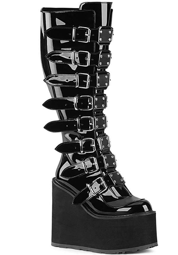 SWING-815WC [Black Pat] | WIDE CALF PLATFORM BOOTS [PREORDER] - Beserk - all, black, boots, boots [preorder], buckle, buckles, clickfrenzy15-2023, discountapp, fp, knee high boots, labelpreorder, labelvegan, long boots, patent, platform boots, platforms, platforms [preorder], ppo, preorder, shiny, shoes, vegan