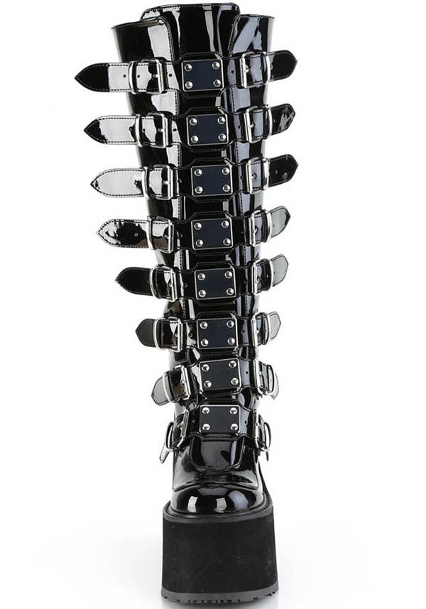 SWING-815WC [Black Pat] | WIDE CALF PLATFORM BOOTS [PREORDER] - Beserk - all, black, boots, boots [preorder], buckle, buckles, clickfrenzy15-2023, discountapp, fp, knee high boots, labelpreorder, labelvegan, long boots, patent, platform boots, platforms, platforms [preorder], ppo, preorder, shiny, shoes, vegan