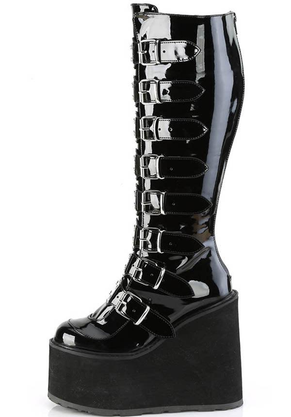 SWING-815WC [Black Pat] | WIDE CALF PLATFORM BOOTS [PREORDER] - Beserk - all, black, boots, boots [preorder], buckle, buckles, clickfrenzy15-2023, discountapp, fp, knee high boots, labelpreorder, labelvegan, long boots, patent, platform boots, platforms, platforms [preorder], ppo, preorder, shiny, shoes, vegan