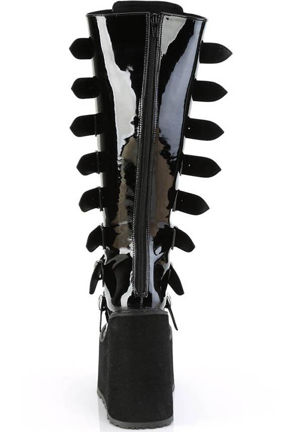 SWING-815WC [Black Pat] | WIDE CALF PLATFORM BOOTS [PREORDER] - Beserk - all, black, boots, boots [preorder], buckle, buckles, clickfrenzy15-2023, discountapp, fp, knee high boots, labelpreorder, labelvegan, long boots, patent, platform boots, platforms, platforms [preorder], ppo, preorder, shiny, shoes, vegan