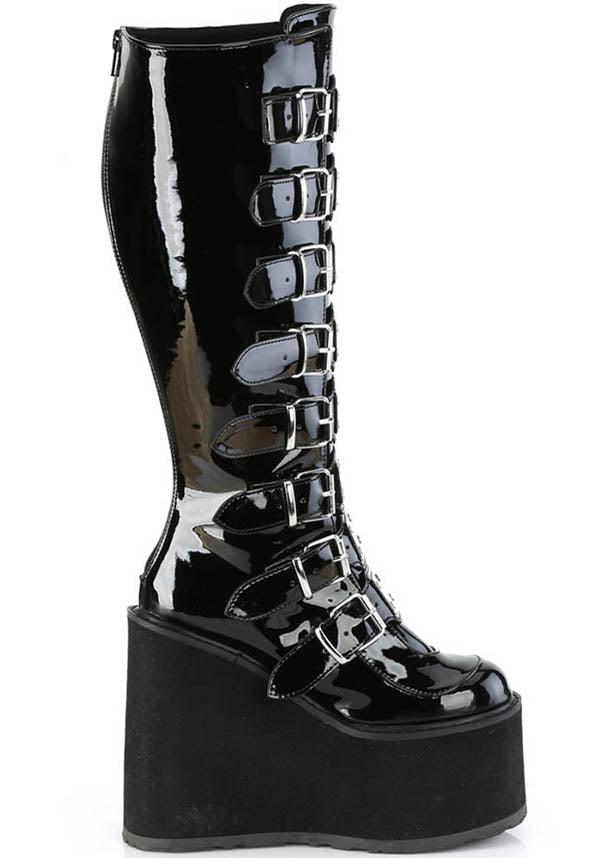 SWING-815WC [Black Pat] | WIDE CALF PLATFORM BOOTS [PREORDER] - Beserk - all, black, boots, boots [preorder], buckle, buckles, clickfrenzy15-2023, discountapp, fp, knee high boots, labelpreorder, labelvegan, long boots, patent, platform boots, platforms, platforms [preorder], ppo, preorder, shiny, shoes, vegan