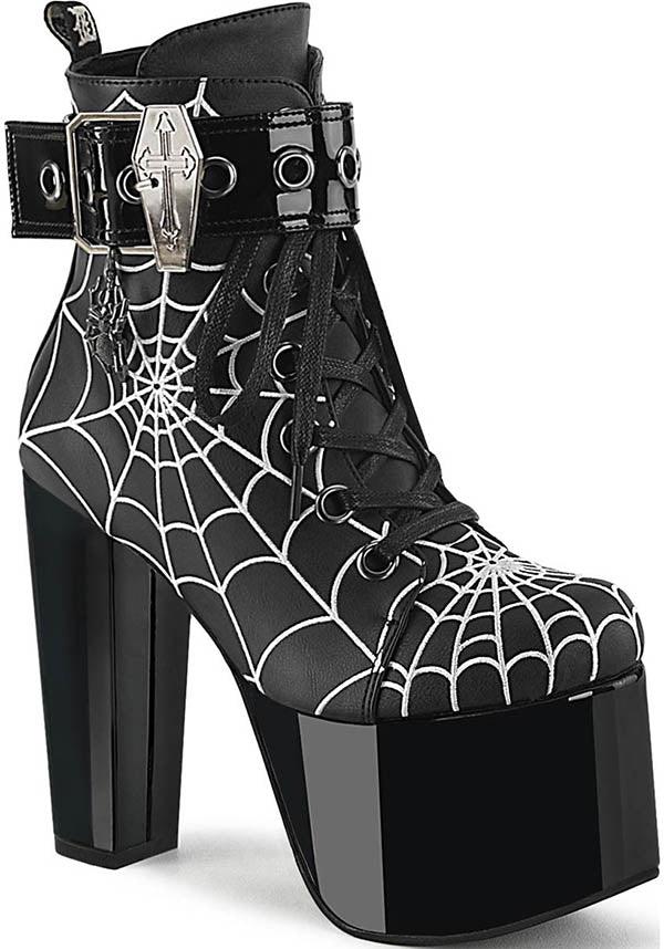 TORMENT-51 [Black] | PLATFORM BOOTS [PREORDER] - Beserk - all, all ladies, black, boots, boots [preorder], clickfrenzy15-2023, demonia, demonia shoes, discountapp, fp, goth, gothic, heels, heels [preorder], labelpreorder, labelvegan, ladies, platform, platform boots, platform heels, platforms, platforms [preorder], ppo, preorder, shoes, spider web, spiderweb, vegan, web, webs