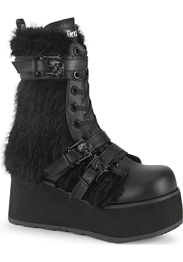 TRASHVILLE-218 [Black] | BOOTS [PREORDER] - Beserk - all, black, boot, boots, boots [preorder], buckle, buckles, clickfrenzy15-2023, combat boots, dec22, demonia, demonia shoes, discountapp, fluffy, fp, fur, furry, googleshopping, labelpreorder, labelvegan, lace up, ladies shoes, mens shoes, platform, platform boots, platforms, platforms [preorder], ppo, preorder, shoe, shoes, skull, skulls, vegan