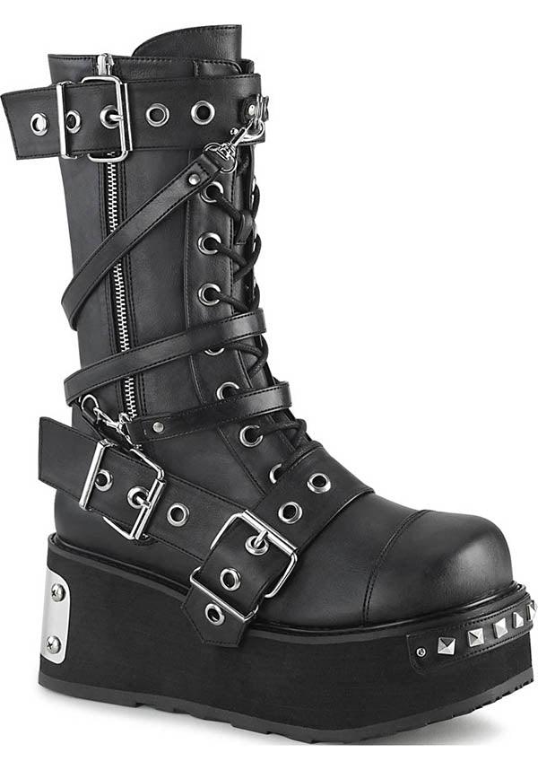 TRASHVILLE-250 [Black] | PLATFORM BOOTS [PREORDER] - Beserk - all, all ladies, black, boots, boots [preorder], buckles, clickfrenzy15-2023, demonia, demonia shoes, discountapp, fp, goth, gothic, labelpreorder, labelvegan, ladies, mid calf boots, platform, platform boots, platforms, platforms [preorder], ppo, preorder, shoes, stud, studded, studs, vegan
