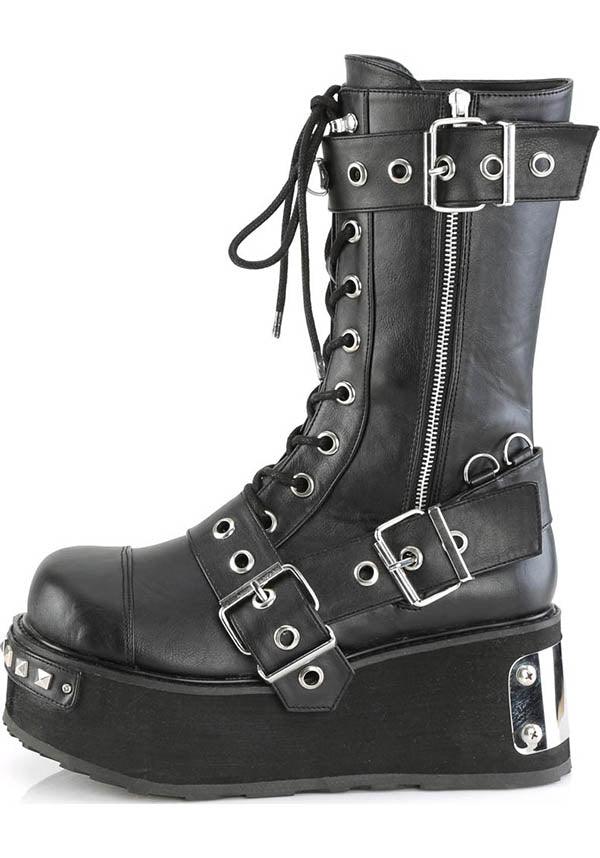 TRASHVILLE-250 [Black] | PLATFORM BOOTS [PREORDER] - Beserk - all, all ladies, black, boots, boots [preorder], buckles, clickfrenzy15-2023, demonia, demonia shoes, discountapp, fp, goth, gothic, labelpreorder, labelvegan, ladies, mid calf boots, platform, platform boots, platforms, platforms [preorder], ppo, preorder, shoes, stud, studded, studs, vegan