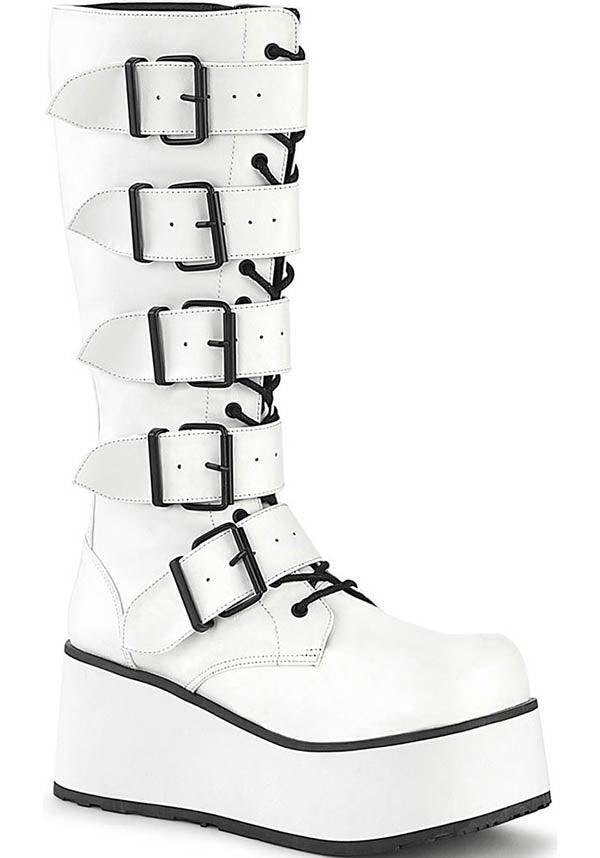 TRASHVILLE-518 [White] | BOOTS [PREORDER] - Beserk - all, all ladies, boot, boots, boots [preorder], buckle, buckle up, clickfrenzy15-2023, demonia, demonia shoes, discountapp, fp, goth, gothic, knee high boots, labelpreorder, labelvegan, ladies, long boots, pastel goth, platform, platform boots, platforms, platforms [preorder], ppo, preorder, shoes, vegan, white