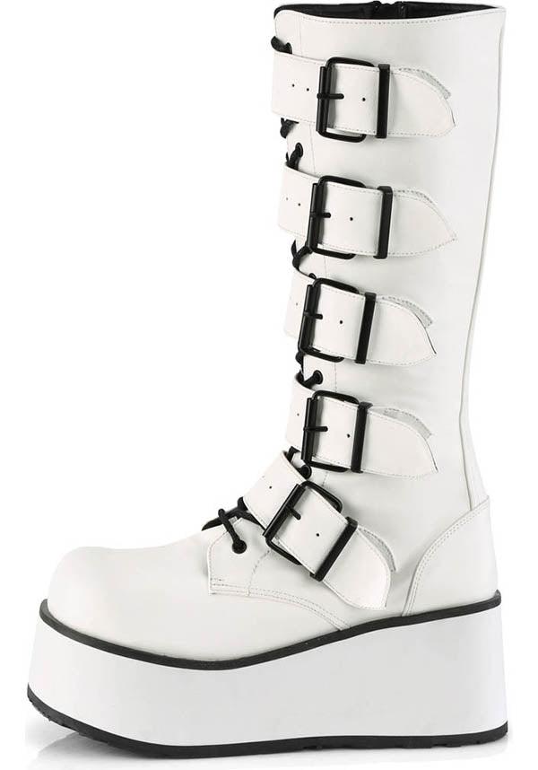 TRASHVILLE-518 [White] | BOOTS [PREORDER] - Beserk - all, all ladies, boot, boots, boots [preorder], buckle, buckle up, clickfrenzy15-2023, demonia, demonia shoes, discountapp, fp, goth, gothic, knee high boots, labelpreorder, labelvegan, ladies, long boots, pastel goth, platform, platform boots, platforms, platforms [preorder], ppo, preorder, shoes, vegan, white