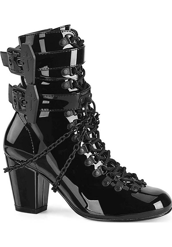 VIVIKA-128 [Black Patent] | BOOTS [PREORDER] - Beserk - all, ankle boots, black, boot, boots, boots [preorder], clickfrenzy15-2023, coffin, coffin shape, demonia, demonia shoes, discountapp, fp, goth, gothic, heel, heels, heels [preorder], labelpreorder, labelvegan, pleaserimageupdated, ppo, preorder, shiny, shoes, vegan