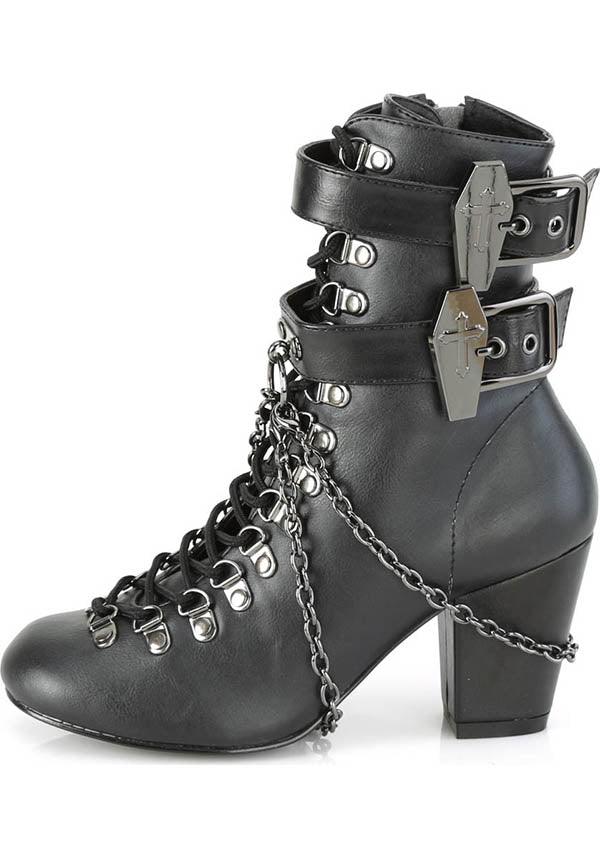 VIVIKA-128 [Black] | BOOTS [IN STOCK] - Beserk - all, ankle boots, apr21, black, boot, boots, boots [in stock], clickfrenzy15-2023, coffin, coffin shape, discountapp, dm18082022, fp, goth, gothic, halloween, heel, heels, heels [in stock], in stock, instock, labelinstock, labelvegan, matte, medieval, pleaserimageupdated, pleaserrestock, renaissance, shoes, vegan, winter