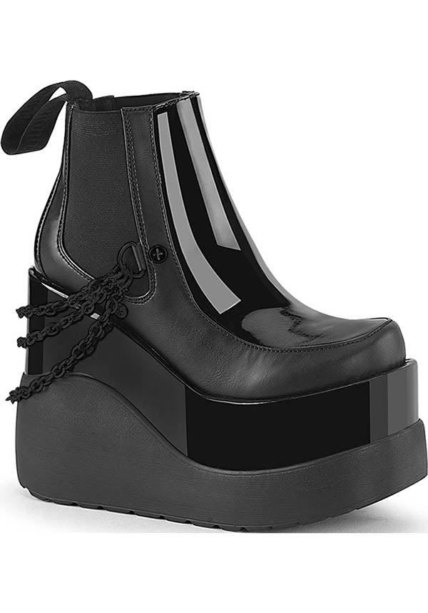 VOID-50 [Black Patent] | PLATFORM BOOTS [PREORDER] - Beserk - all, ankle boots, black, boots, boots [preorder], chain, clickfrenzy15-2023, demonia, demonia shoes, discountapp, fp, labelpreorder, labelvegan, patent, platform, platform boots, platforms, platforms [preorder], ppo, preorder, shoes, vegan