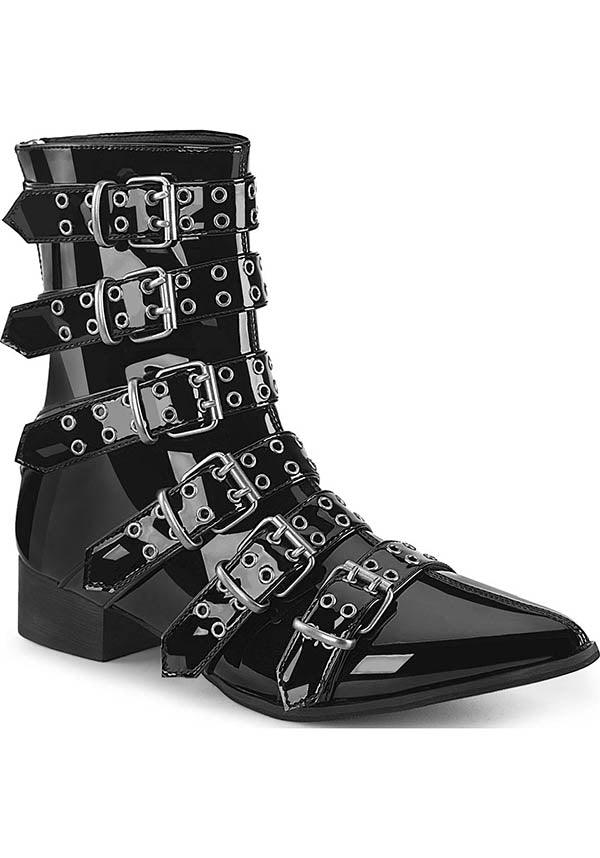 WARLOCK-70 [Black Pat] | BOOTS [PREORDER] - Beserk - all, all ladies, black, boots, boots [preorder], buckles, clickfrenzy15-2023, demonia, demonia shoes, discountapp, fp, goth, gothic, labelpreorder, labelvegan, ladies, mens shoes, pointed toe, pointy, ppo, preorder, shoes, vegan