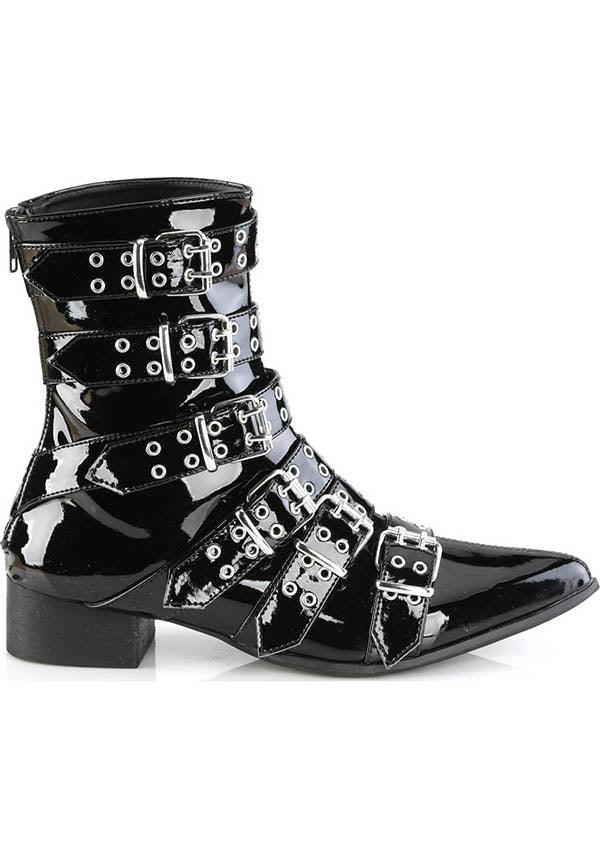WARLOCK-70 [Black Pat] | BOOTS [PREORDER] - Beserk - all, all ladies, black, boots, boots [preorder], buckles, clickfrenzy15-2023, demonia, demonia shoes, discountapp, fp, goth, gothic, labelpreorder, labelvegan, ladies, mens shoes, pointed toe, pointy, ppo, preorder, shoes, vegan
