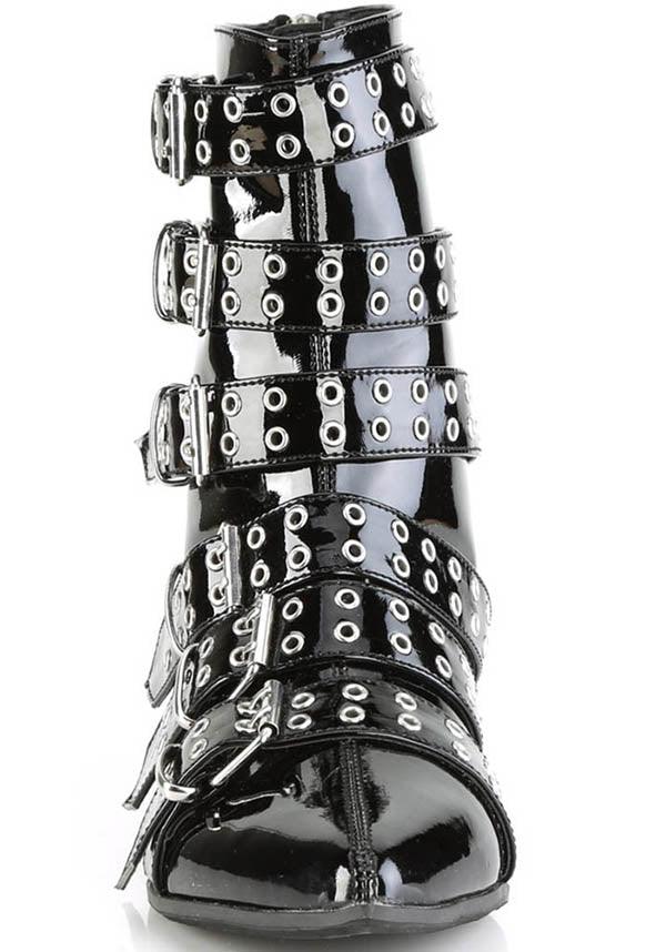 WARLOCK-70 [Black Pat] | BOOTS [PREORDER] - Beserk - all, all ladies, black, boots, boots [preorder], buckles, clickfrenzy15-2023, demonia, demonia shoes, discountapp, fp, goth, gothic, labelpreorder, labelvegan, ladies, mens shoes, pointed toe, pointy, ppo, preorder, shoes, vegan