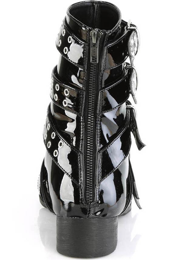 WARLOCK-70 [Black Pat] | BOOTS [PREORDER] - Beserk - all, all ladies, black, boots, boots [preorder], buckles, clickfrenzy15-2023, demonia, demonia shoes, discountapp, fp, goth, gothic, labelpreorder, labelvegan, ladies, mens shoes, pointed toe, pointy, ppo, preorder, shoes, vegan