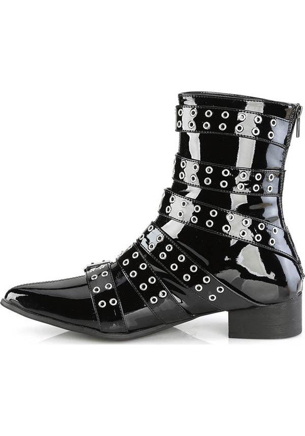 WARLOCK-70 [Black Pat] | BOOTS [PREORDER] - Beserk - all, all ladies, black, boots, boots [preorder], buckles, clickfrenzy15-2023, demonia, demonia shoes, discountapp, fp, goth, gothic, labelpreorder, labelvegan, ladies, mens shoes, pointed toe, pointy, ppo, preorder, shoes, vegan