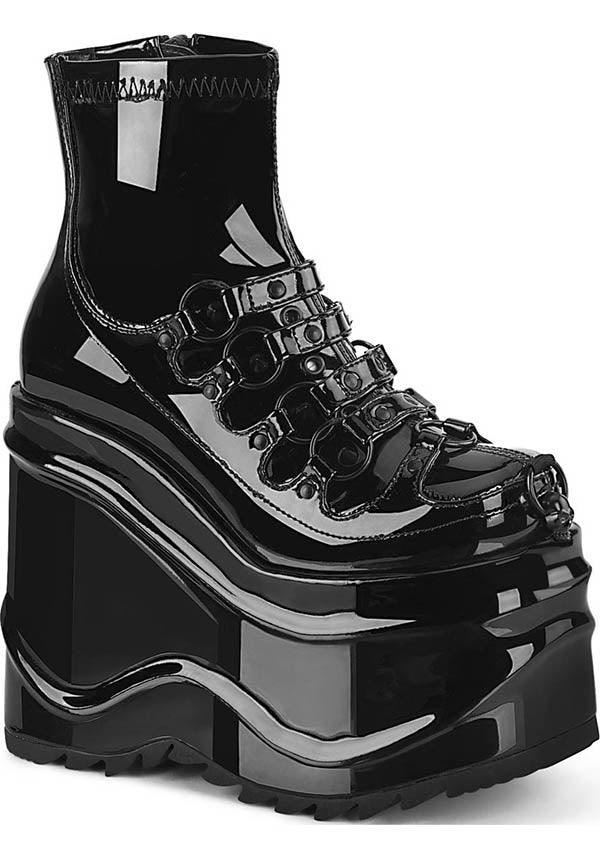 WAVE-110 [Black Patent] | PLATFORM BOOTS [PREORDER] - Beserk - all, all ladies, ankle boots, black, boots, boots [preorder], clickfrenzy15-2023, demonia, demonia shoes, discountapp, fp, goth, gothic, labelpreorder, labelvegan, ladies, patent, platforms, platforms [preorder], ppo, preorder, shoes, vegan