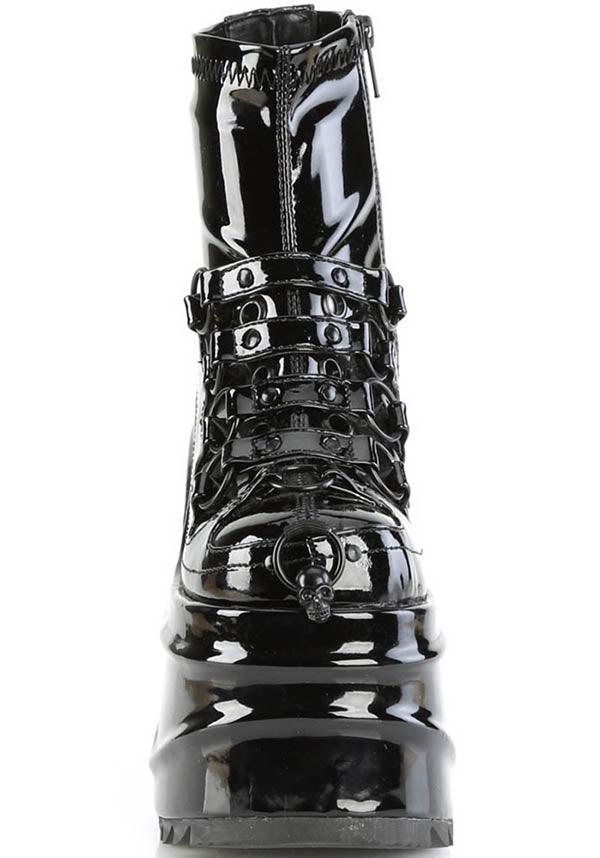 WAVE-110 [Black Patent] | PLATFORM BOOTS [PREORDER] - Beserk - all, all ladies, ankle boots, black, boots, boots [preorder], clickfrenzy15-2023, demonia, demonia shoes, discountapp, fp, goth, gothic, labelpreorder, labelvegan, ladies, patent, platforms, platforms [preorder], ppo, preorder, shoes, vegan
